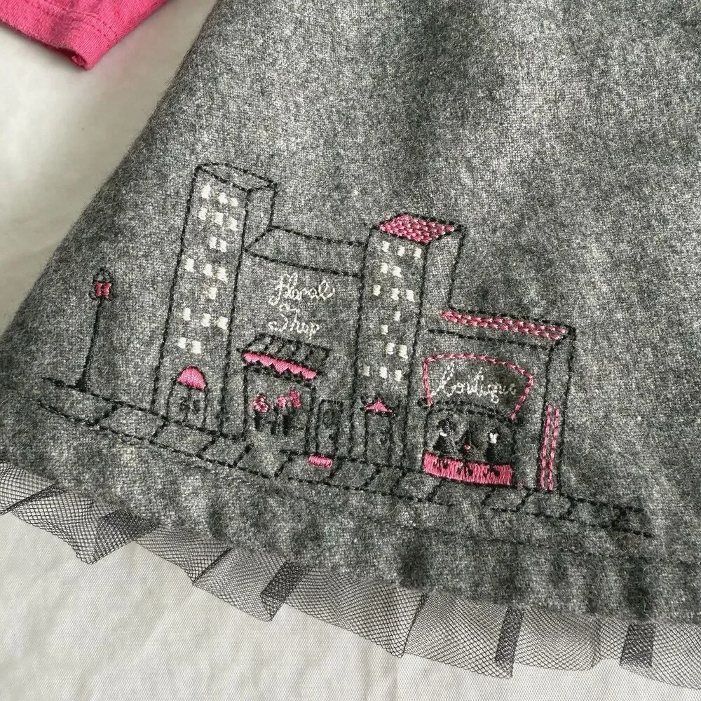 Y2K Girls Gymboree Gray Wool Blend Jumper Dress City France Pink Twirl Sz 6-12M